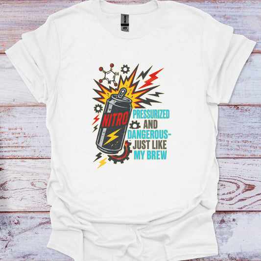 White t-shirt with a colorful graphic design on a wooden surface