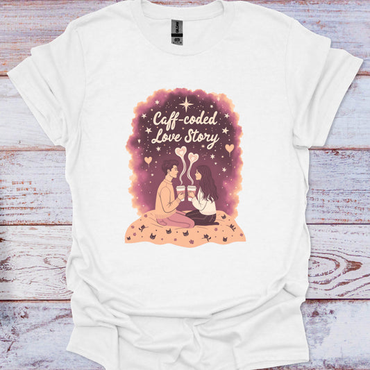 White t-shirt with 'Caff-coded Love Story' graphic design on a wooden surface